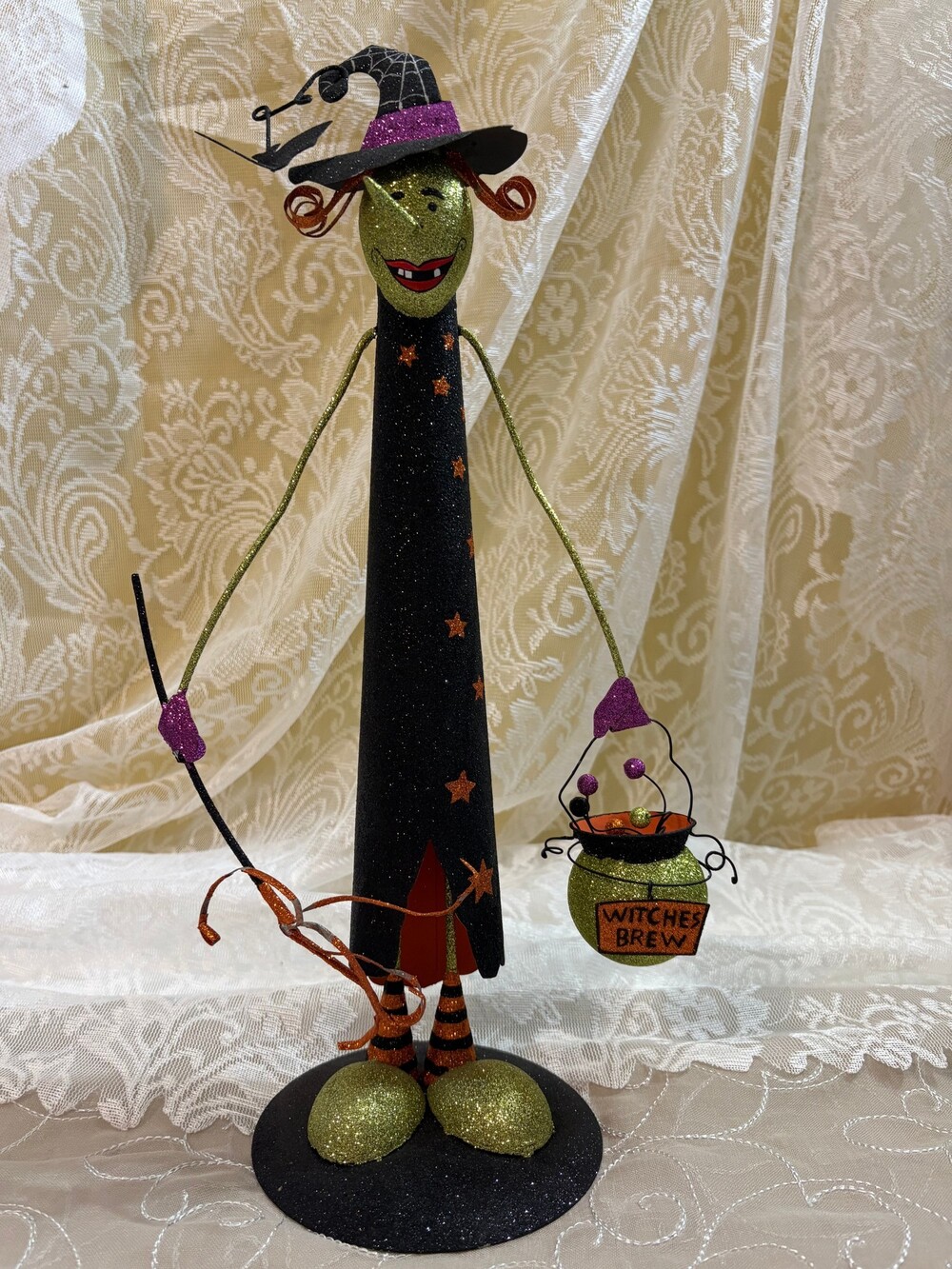 17" Whimsical Glitter Witch Centerpiece with Witches Brew Cauldron & Bat – Cute